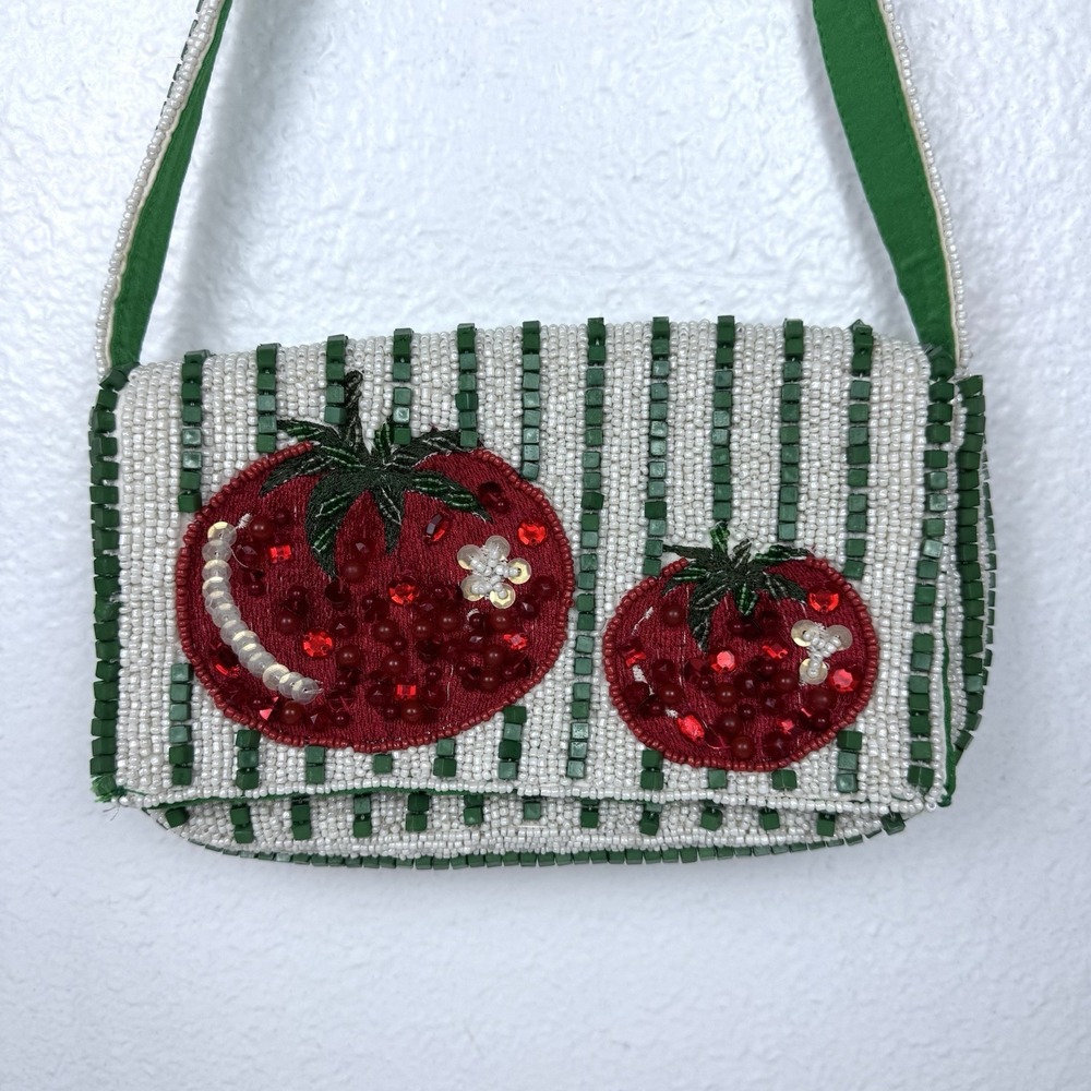 Striped Tomato Beaded Shoulder Bag Purse Magnetic Flap Lined White Green Red